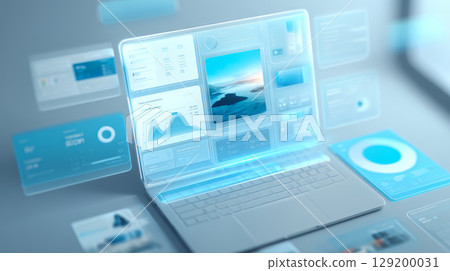 Futuristic laptop with transparent digital interface displaying charts, graphs, and images in modern technology setting 129200031