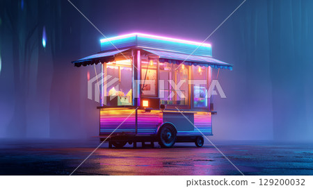 Neon lit food cart with colorful lights glowing in misty night forest, creating vibrant and mysterious atmosphere 129200032