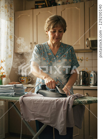 Woman ironing clothes in a cozy kitchen setting 129200140