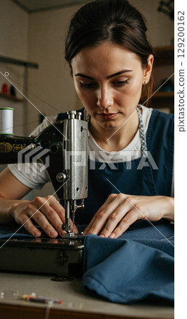 Woman sewing fabric with a sewing machine in a cozy home setting 129200162