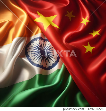 Indian and Chinese Flags Waving Side by Side Symbolizing Geopolitical Tension Indian and Chinese Flags Waving Side by Side Symbolizing Geopolitical Tension 129200226