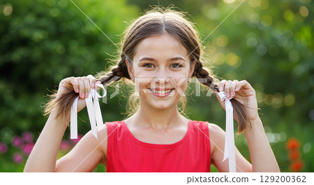 Smiling girl with braids holding ribbons in a garden setting 129200362