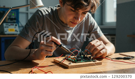 Teenager soldering electronic circuit board in workshop 129200370
