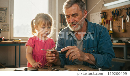 Grandfather and granddaughter exploring tools in workshop Grandfather and granddaughter exploring tools in workshop 129200499