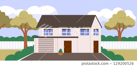 House in Garden Horizontal Background Vector Illustration 129200526