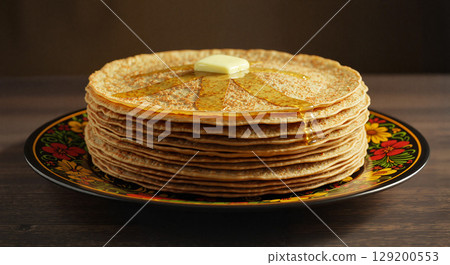 Stack of pancakes with honey and butter on decorative plate 129200553