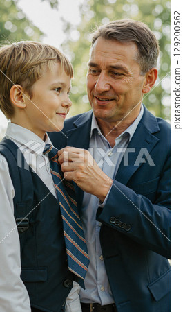 Father adjusting son?s tie in a sunny outdoor setting 129200562