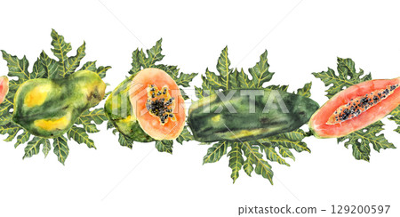 Seamless tropical papaya border with green leaves in watercolor style Seamless tropical papaya border with green leaves in watercolor style 129200597