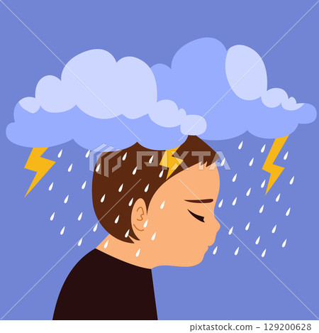 Sad Depressed Baby Boy Cloud Concept Vector Illustration 129200628