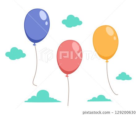 Colorful Balloons Flying in the Sky with Clouds Vector Illustration 129200630