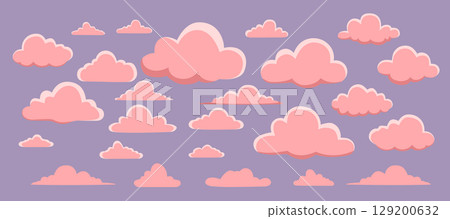 Purple Sky with Pink Fluffy Clouds Horizontal Background Vector 129200632