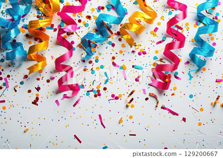 Colorful confetti and streamers are gently falling on white. AI-generated content. 129200667