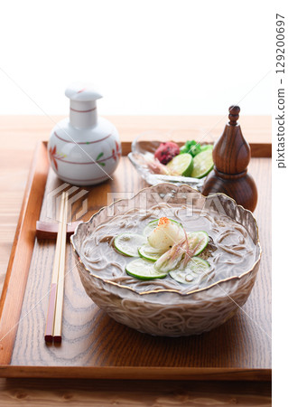Sudachi-scented chilled soba noodles - a refreshing Japanese lunch perfect for summer. Image for advertising. 129200697