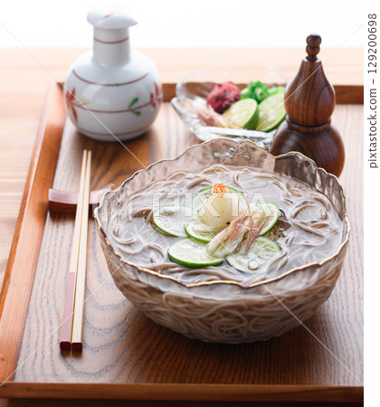 Sudachi-scented chilled soba noodles - a refreshing Japanese lunch perfect for summer. Image for advertising. 129200698