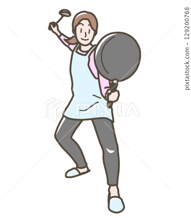 一位女士拿著煎鍋和湯匙的插圖 一位女士拿著煎鍋和湯匙的插圖 129200768