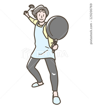 一位女士拿著煎鍋和湯匙的插圖 129200769
