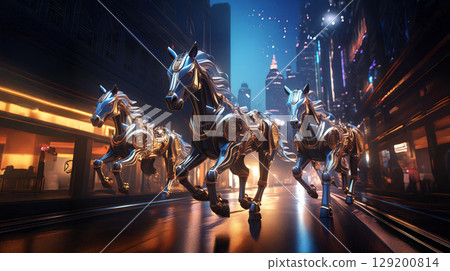 Three futuristic mechanical horses run through the city at night 129200814