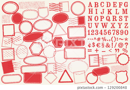 Retro Grunge Postage Stamps Frames Vector Shape Set With Letters. Red Text Postal Round and Square Empty Stamp Border Pack. Blank Post Stamp Template Grunge Ink Rubber Labels Collection. Vector 129200848