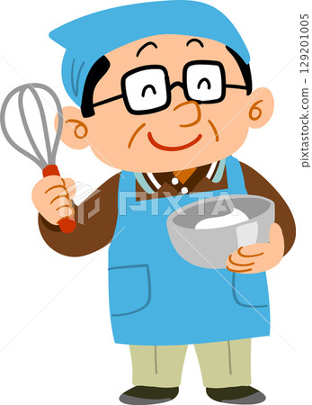 Smiling middle-aged man holding cooking utensils 129201005