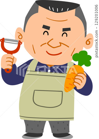 拿著炊具的微笑的中年男子 拿著炊具的微笑的中年男子 129201006