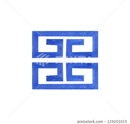 Watercolor illustration of a blue geometric ornament on a white background. Stylized elements of the Greek pattern, hand-drawn. Clipart. Watercolor illustration of a blue geometric ornament on a white background. Stylized elements of the Greek pattern, hand-drawn. Clipart. 129201015