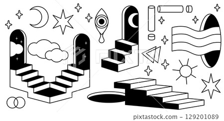 Surreal cosmic elements with mystical door portals Surreal cosmic elements with mystical door portals 129201089