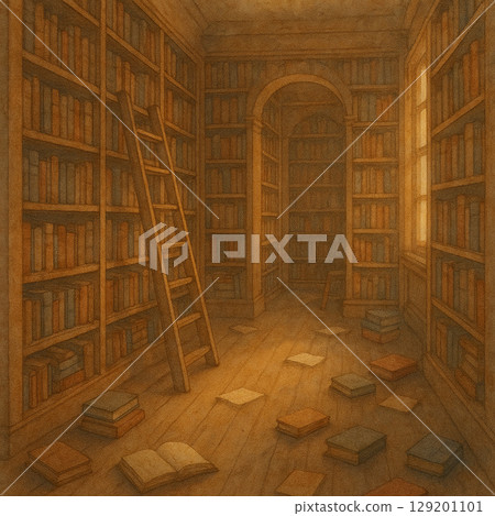 Afternoon light and shadow of old book library | Dreamy retro watercolor painting Afternoon light and shadow of old book library | Dreamy retro watercolor painting 129201101