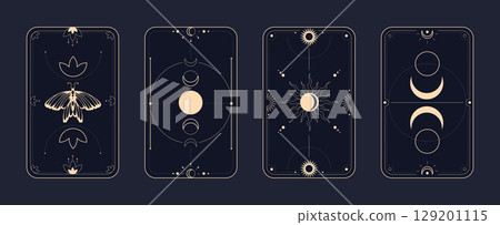 Gold mystical tarot card frames on dark background 129201115