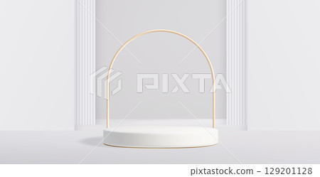 White cylinder podium with gold arch frame 129201128