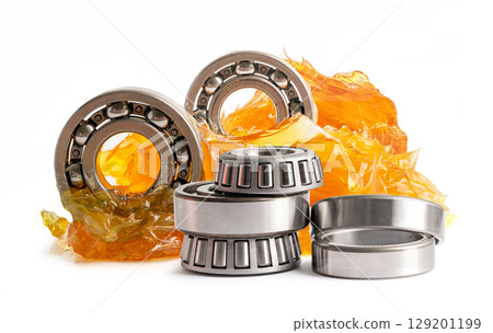 Ball bearing stainless with grease lithium machinery lubrication for automotive and industrial isolated on white background. Ball bearing stainless with grease lithium machinery lubrication for automotive and industrial isolated on white background. 129201199