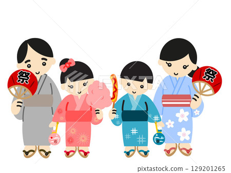 Illustration of a family wearing a yukata 129201265