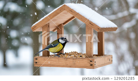 Great tit bird on a snowy wooden feeder. Winter wildlife, nature, and feeding birds. 129201285