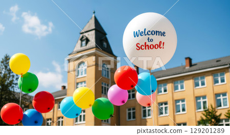 Welcome to School! balloon with colorful balloons and a school building. Back to school and education. 129201289