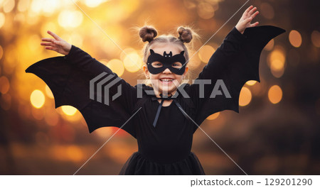Happy girl in a bat costume with outstretched arms. Playful Halloween fun. 129201290