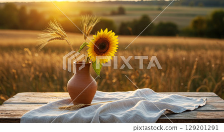Rustic sunflower in clay vase on wooden table at golden sunset. Countryside mood, summer harvest concept. 129201291
