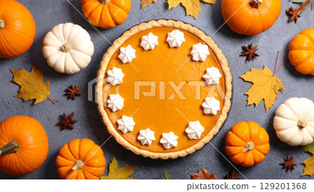 Fresh pumpkin pie decorated with autumn leaves and ripe cinnamon spice on a wooden table 129201368