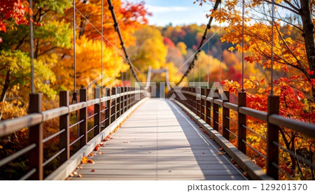 A beautiful wooden bridge over a river in an autumn forest landscape with a walking path, trees, and sky A beautiful wooden bridge over a river in an autumn forest landscape with a walking path, trees, and sky 129201370