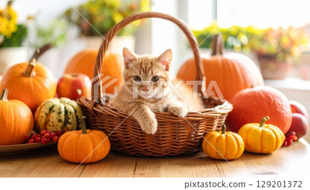 Cute feline kitten rest on basket with autumn decorate Cute feline kitten rest on basket with autumn decorate 129201372