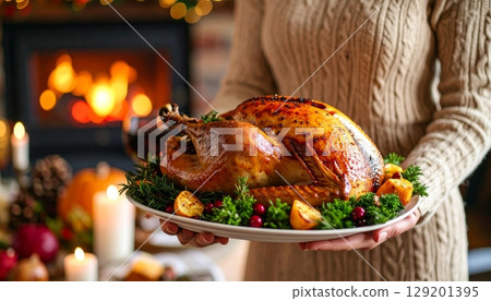 Healthy grilled and roasted turkey with vegetables, a delicious gourmet dinner dish on a plate 129201395