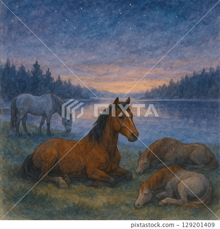 星空下湖邊的一群馬 | 夜晚的森林水彩畫風景 129201409
