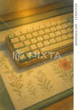 花草鍵帽與桌墊搭配的療癒系鍵盤靜物插畫 129201416
