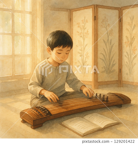 Illustration of an Asian boy playing the guzheng in the sun Illustration of an Asian boy playing the guzheng in the sun 129201422