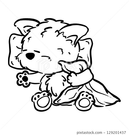 Puppy holding blanket in sleeping cartoon outline illustration  129201437