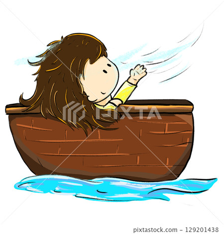 Little girl in boat feeling wind by hand cartoon illustration 129201438