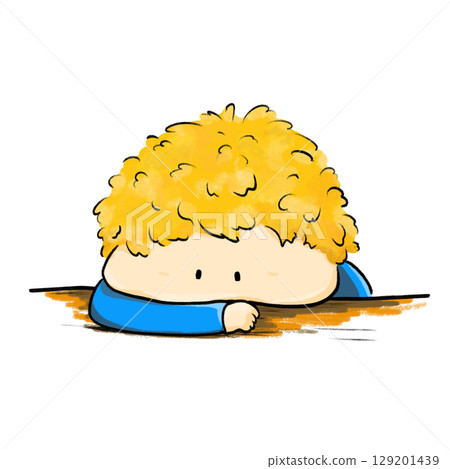 Curly yellow hair boy dazing and daydreaming on table 129201439