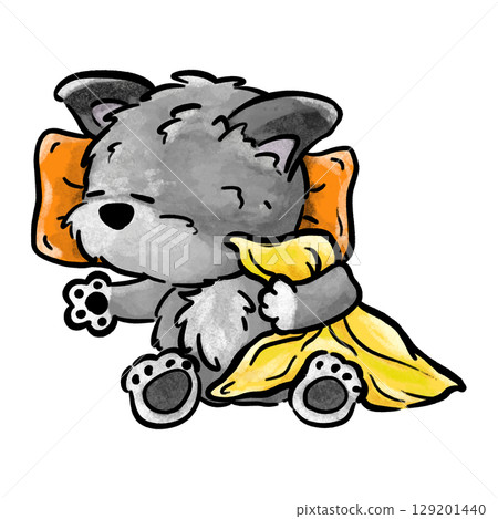 Gray puppy holding blanket and sleeping cartoon illustration Gray puppy holding blanket and sleeping cartoon illustration 129201440
