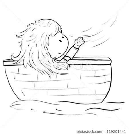 Little girl sitting in boat and feeling wind by hand cartoon outline illustration 129201441