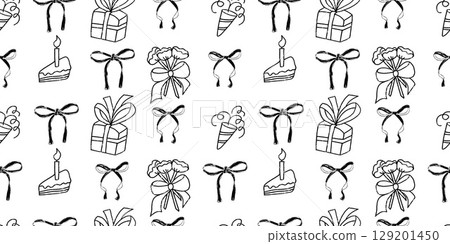 Coquette birthday party crayon seamless pattern. Monochrome celebration event endless background. Girly festive black and white repeat cover. Surface pattern birthday design. Vector illustration Coquette birthday party crayon seamless pattern. Monochrome celebration event endless background. Girly festive black and white repeat cover. Surface pattern birthday design. Vector illustration 129201450