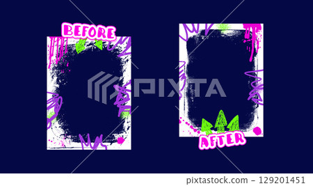 Before and after template. Graffiti rough frames for photo comparison. Competition layout borders with grunge vibrant paint decoration. Empty vs challenge. Vector background hand drawn illustration 129201451