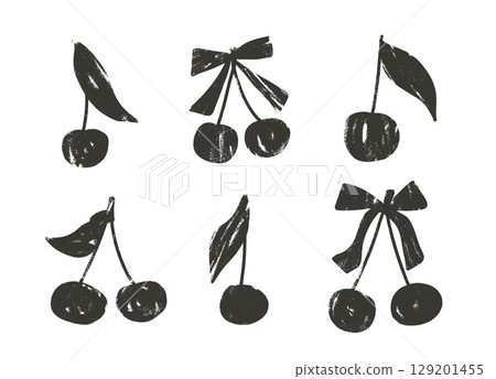 Cherry charcoal drawn silhouette set. Coquette berries with bows and leaves doodle isolated on white background. Fruits grunge grit textured elements. Vector naive illustration by pencil or ink 129201455
